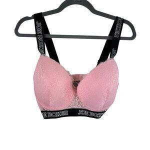 Joe Boxer Pink Black Lace Wide‎ Band Adjustable Strap Padded Push Up Bra Sz 34DD